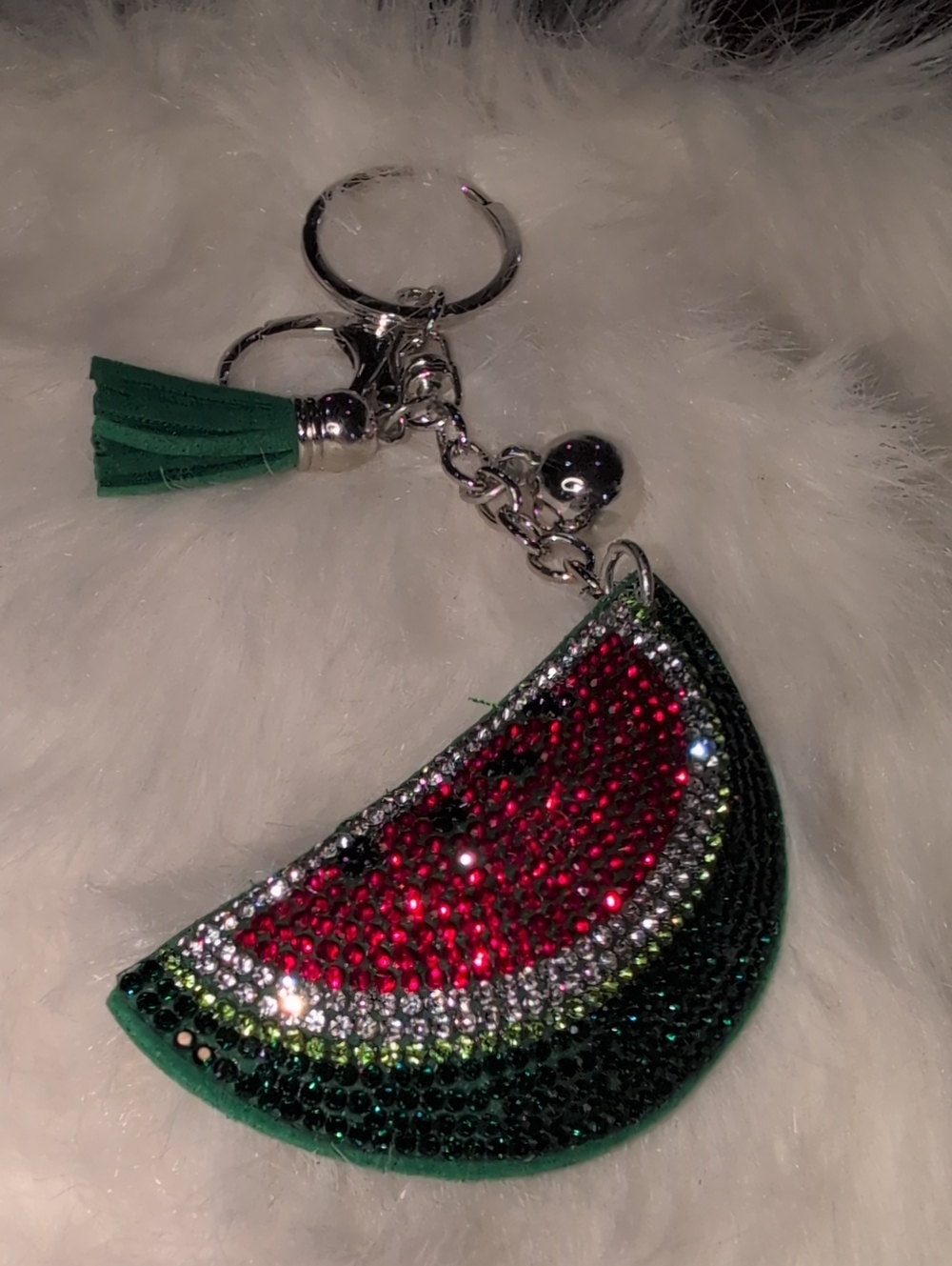 Green & Red Watermelon Crystal Tassel Keychain With Silver Tone Hardware